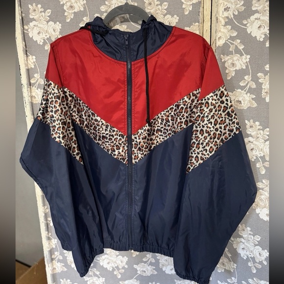 And The Way Zip Up Rain Jacket Size Large Wind Breaker Leopard Print Color Block - Picture 1 of 6
